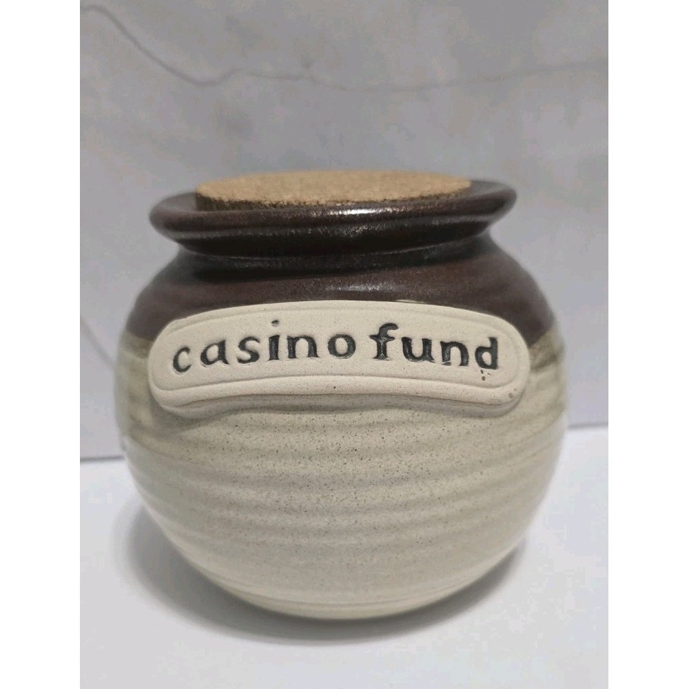 Ceramic Century Savings Jar For "CASINO FUND" Brown With Cork Lid